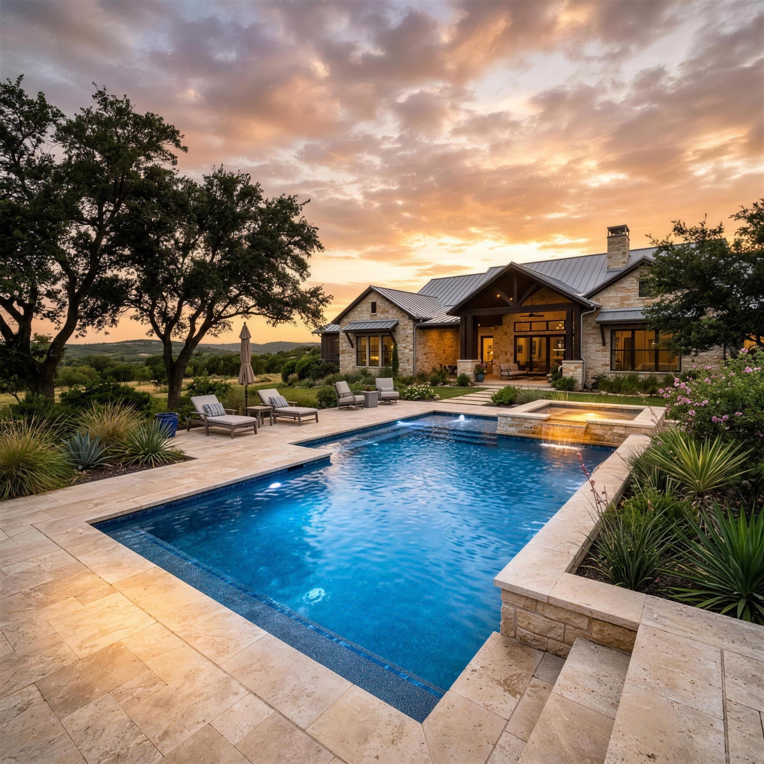 A resort-style pool at dusk
